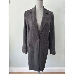 Adrianna Papell Grey Plaid Longline Blazer Jacket Large Grey Checked Ponte Coat